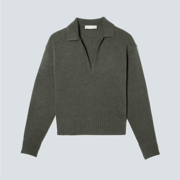 Everlane Cashmere Sweater Polo Top Vneck Collar Green XS - Picture 2 of 7